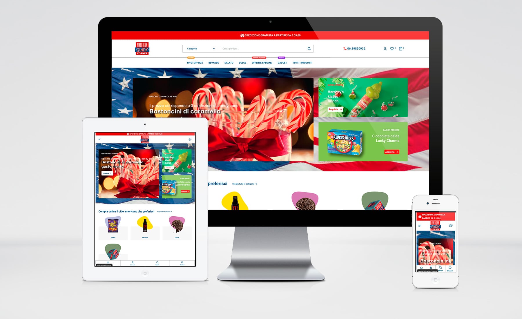 Mockup mobile del nuovo sito eCommerce WordPress per American Candy Corner