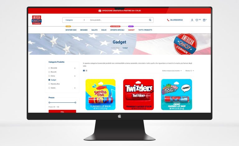 Mockup desktop del nuovo sito eCommerce WordPress per American Candy Corner