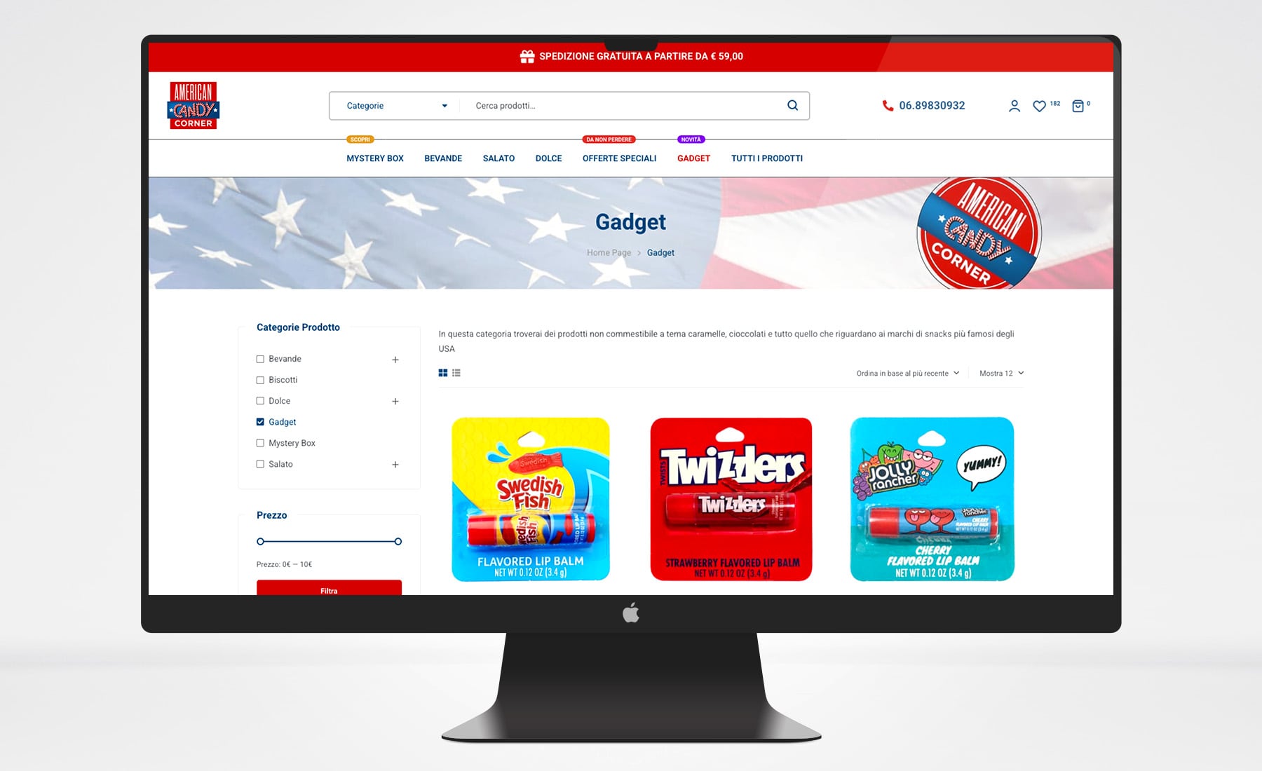 Mockup desktop del nuovo sito eCommerce WordPress per American Candy Corner