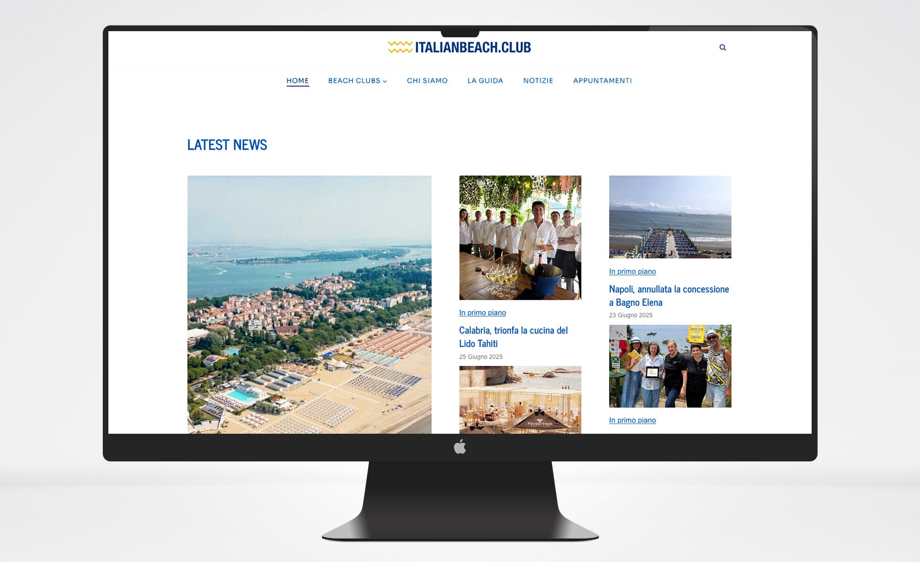 Versione desktop del sito Italian Beach Club: navigazione semplice e contenuti editoriali ottimizzati