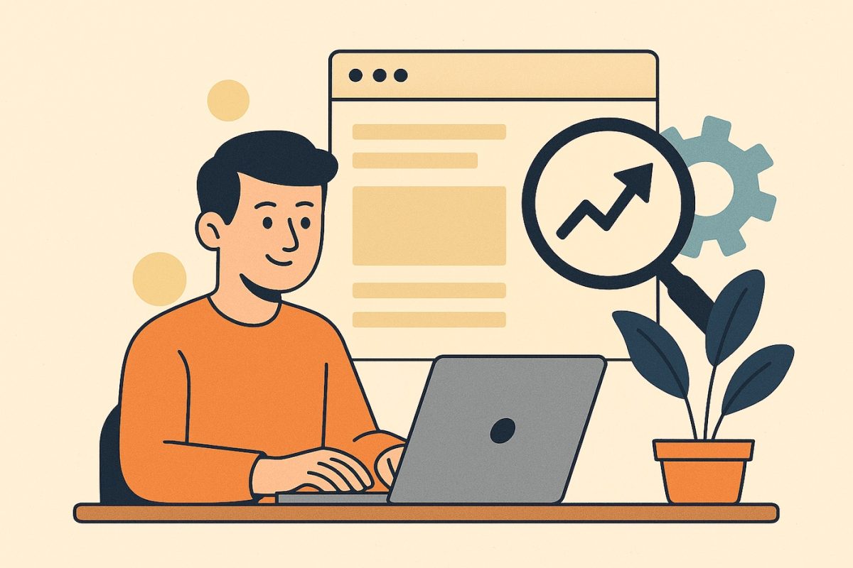 Illustrazione digitale in stile flat con un uomo al computer, simboli di crescita SEO e un’interfaccia WordPress